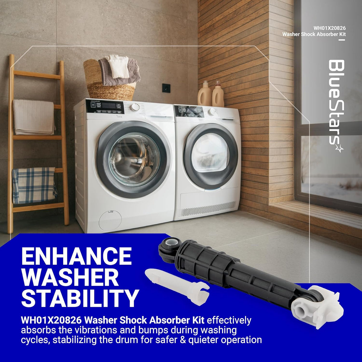 WH01X20826 washer shock absorber kit for GE and Kenmore washing machines shown in a lifestyle product graphic.