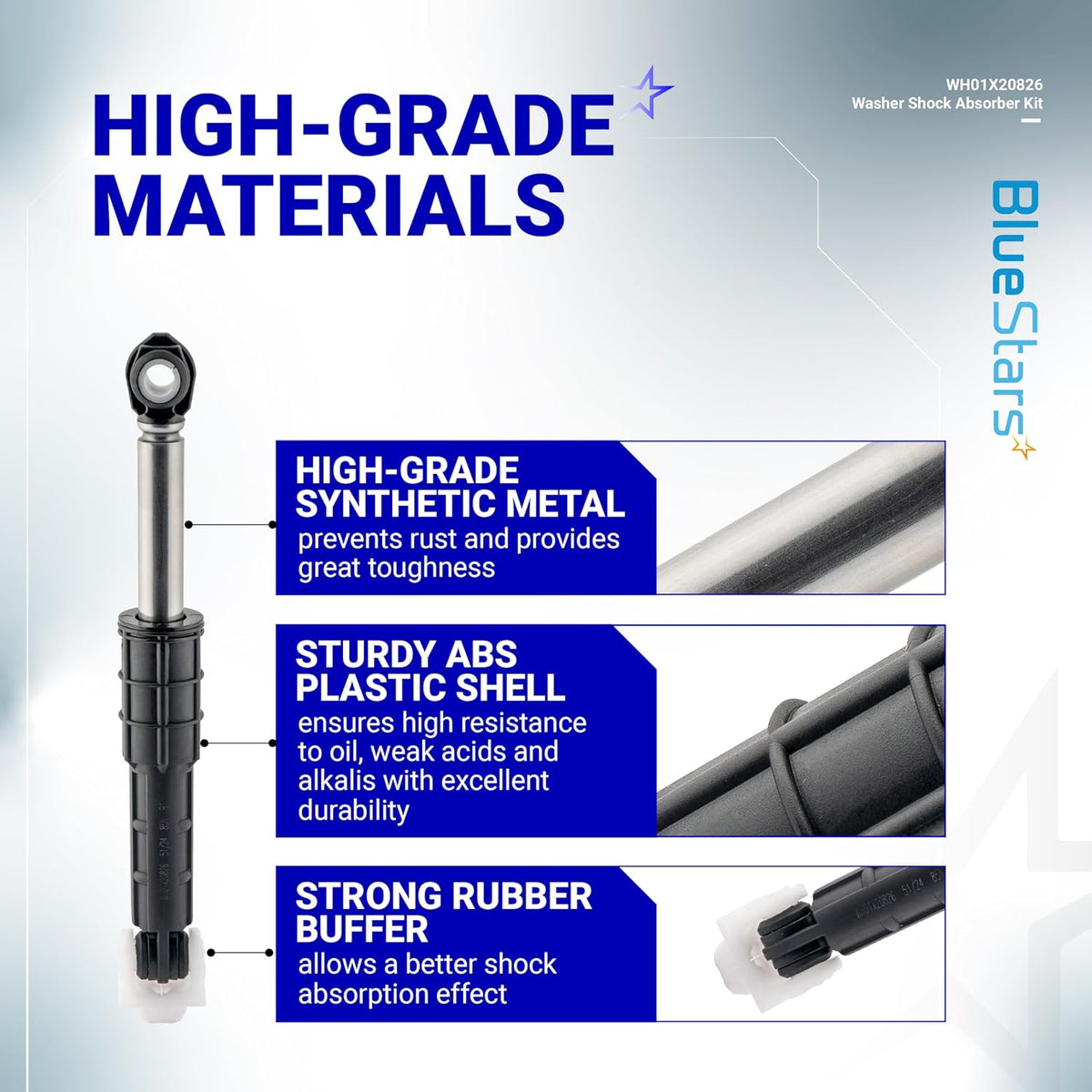 WH01X20826 washer shock absorber diagram highlighting high-grade metal, ABS plastic shell, and rubber buffer construction.