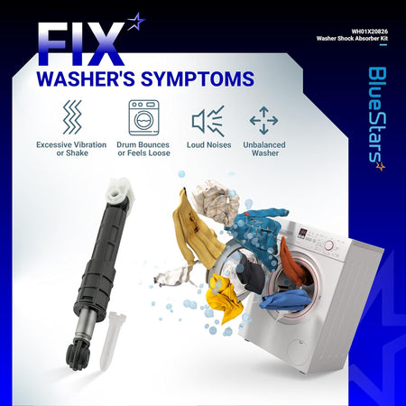 Infographic showing WH01X20826 washer shock absorber symptoms like vibration, noise, and unbalanced drum.