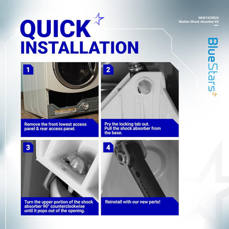Four-step installation guide for WH01X20826 washer shock absorber on GE and Kenmore washing machines.