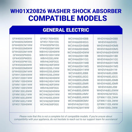 Compatibility chart for WH01X20826 washer shock absorber listing compatible GE washing machine models.