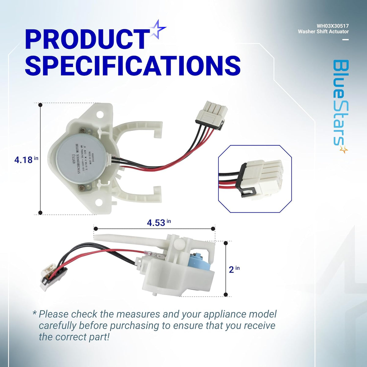 WH03X30517 washer shift actuator specification diagram showing dimensions and connector details for GE washing machines.
