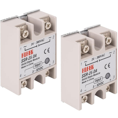 Two SSR-25DA solid state relays with 3-32VDC input and 24-380VAC output terminals.