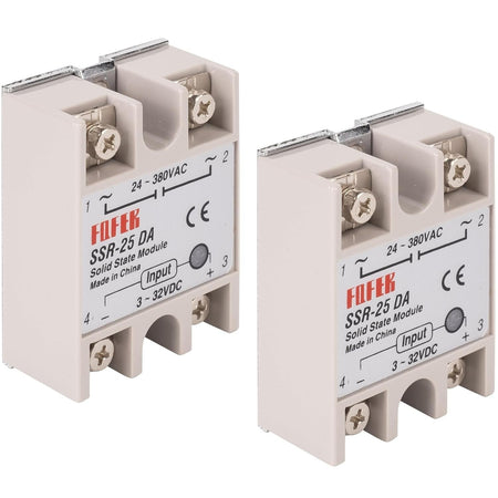 Two SSR-25DA solid state relays with 3-32VDC input and 24-380VAC output terminals.