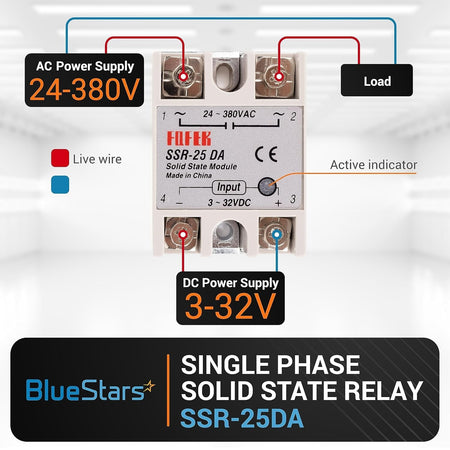 Wiring diagram for SSR-25DA solid state relay showing AC load and DC input connections.