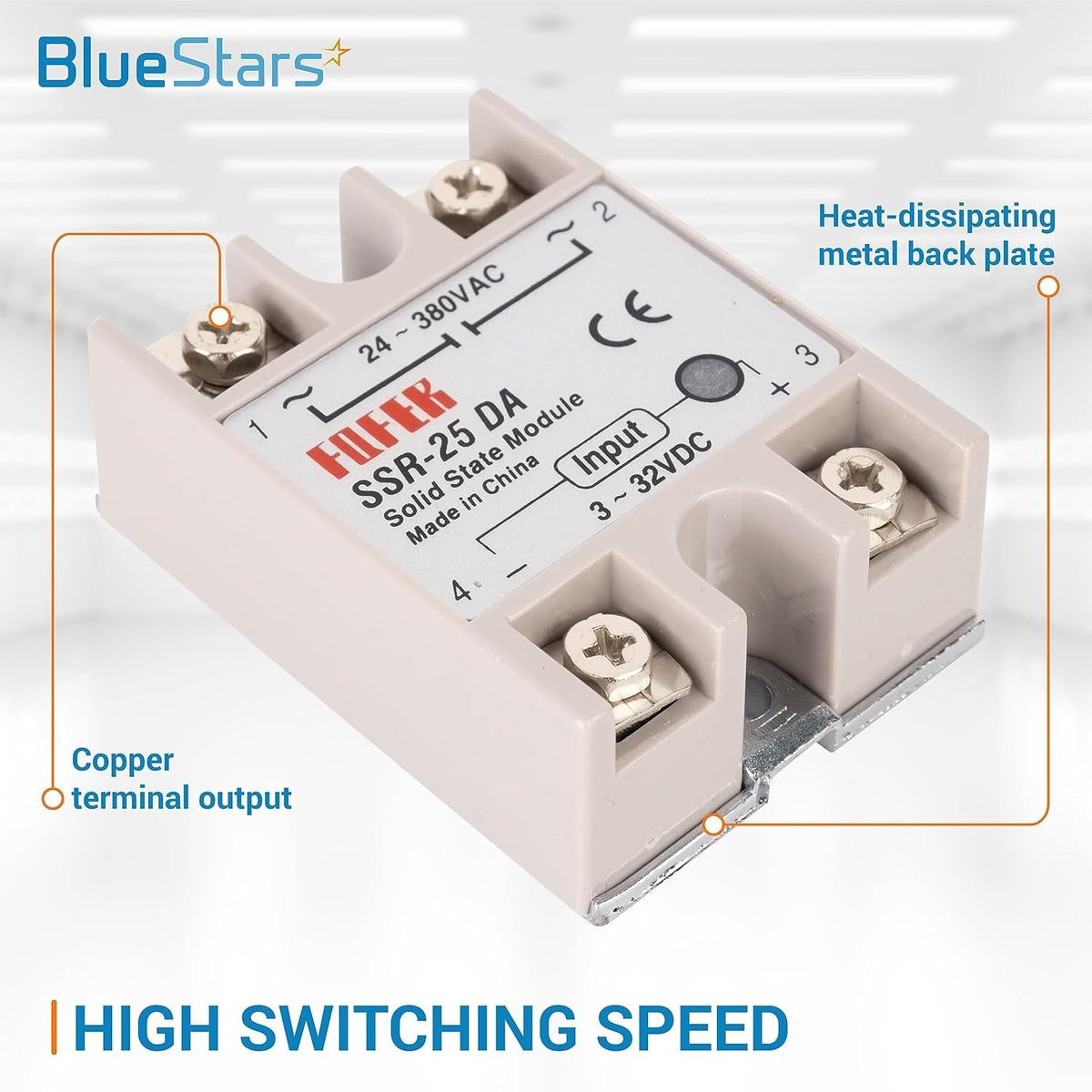 Single SSR-25DA solid state relay module with copper terminal outputs and heat-dissipating metal back plate.