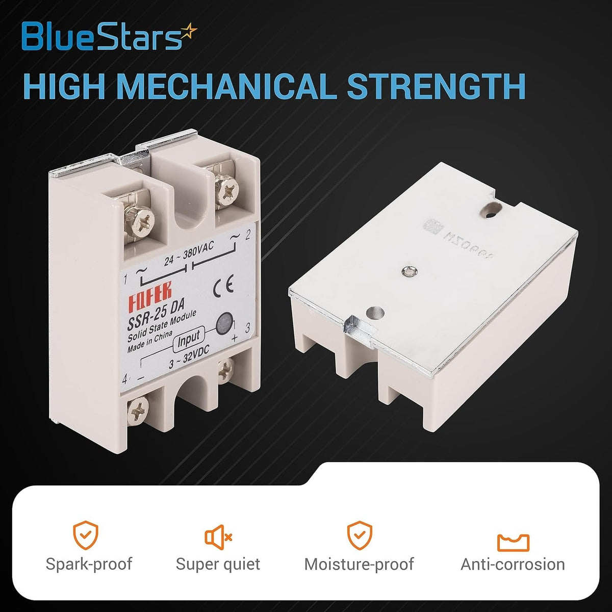Two SSR-25DA solid state relay modules showing front and back views with technical specifications.