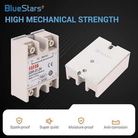 Two SSR-25DA solid state relay modules showing front and back views with technical specifications.