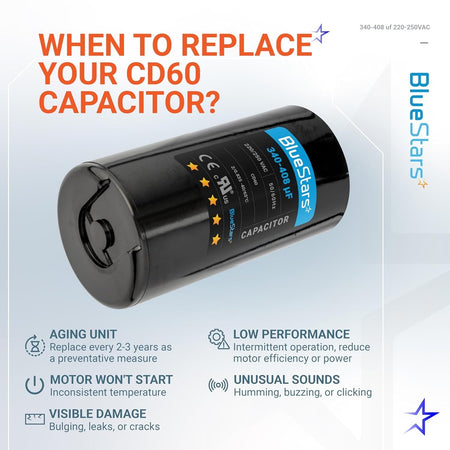 BlueStars 340-408 uF 220-250 VAC round start capacitor replacement guide infographic.