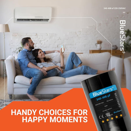 BlueStars 340-408 uF 220-250 VAC round start capacitor for single-phase motors shown in a lifestyle advertisement.