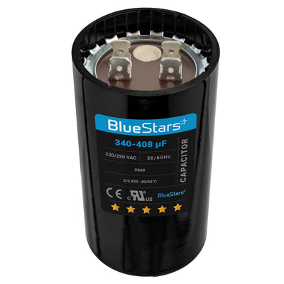 Round 340-408 uF 220-250 VAC start capacitor with dual terminals for single-phase motors.