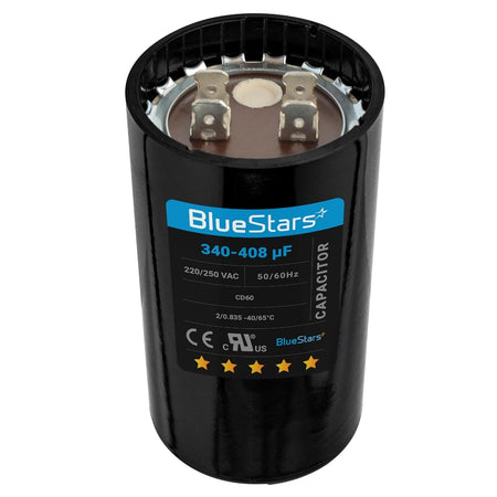 Round 340-408 uF 220-250 VAC start capacitor with dual terminals for single-phase motors.
