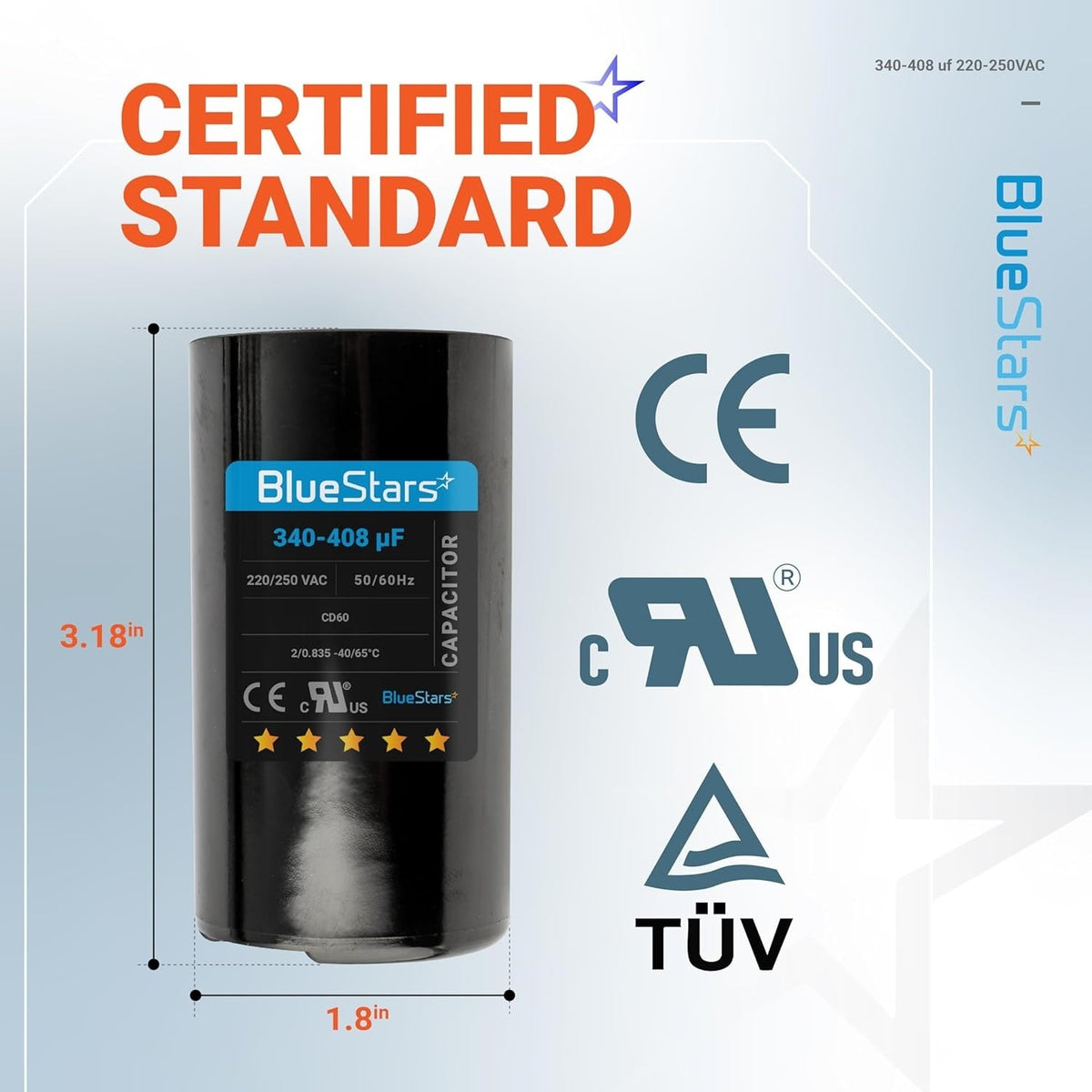 BlueStars 340-408 uF 220-250 VAC round start capacitor with dimensions labeled for single-phase motor compatibility.