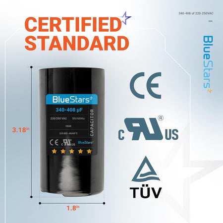 BlueStars 340-408 uF 220-250 VAC round start capacitor with dimensions labeled for single-phase motor compatibility.