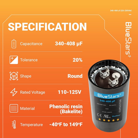 Specification chart for 340-408 uF round start capacitor showing technical ratings and material details.