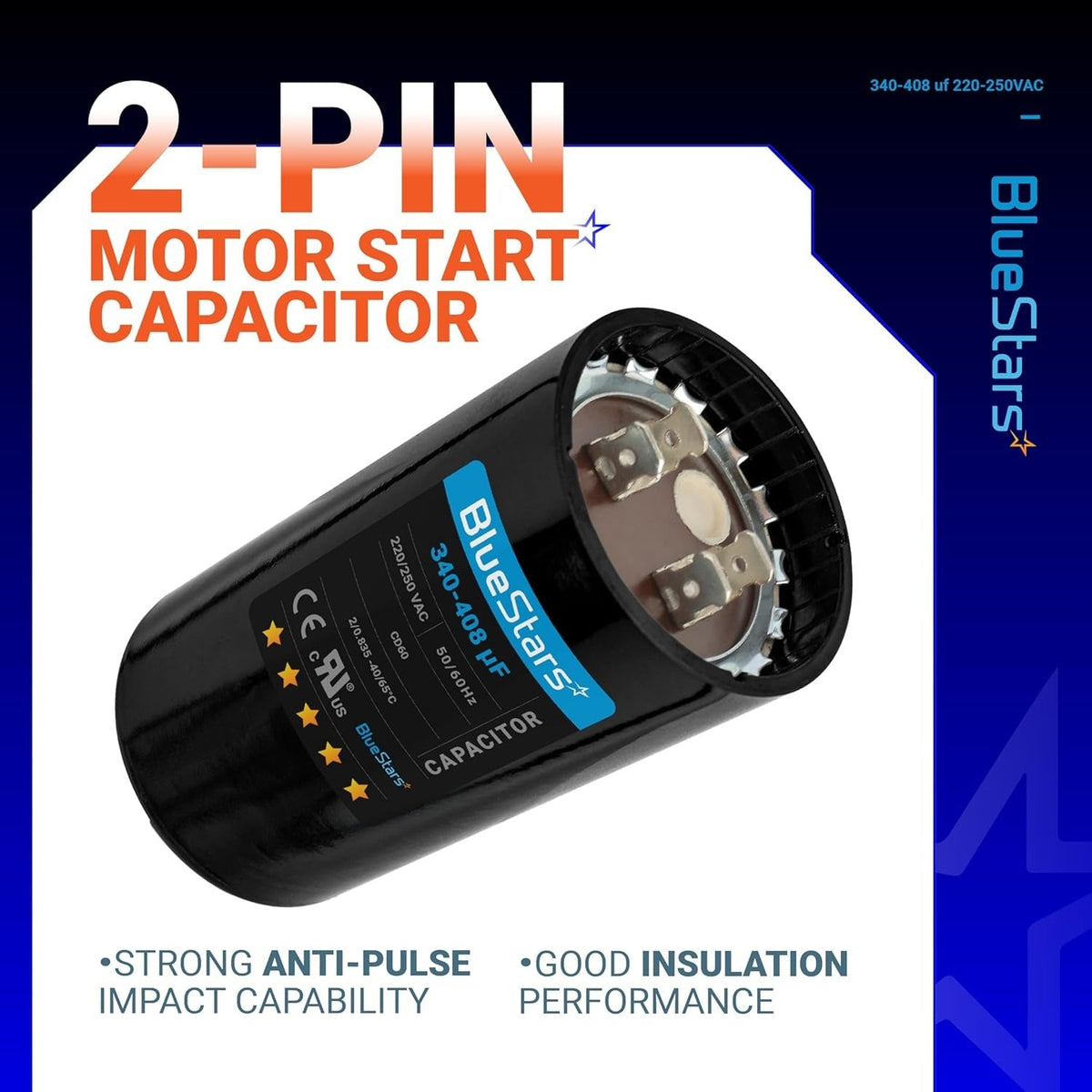 BlueStars 340-408 uF 220-250 VAC 2-pin round motor start capacitor with label details.