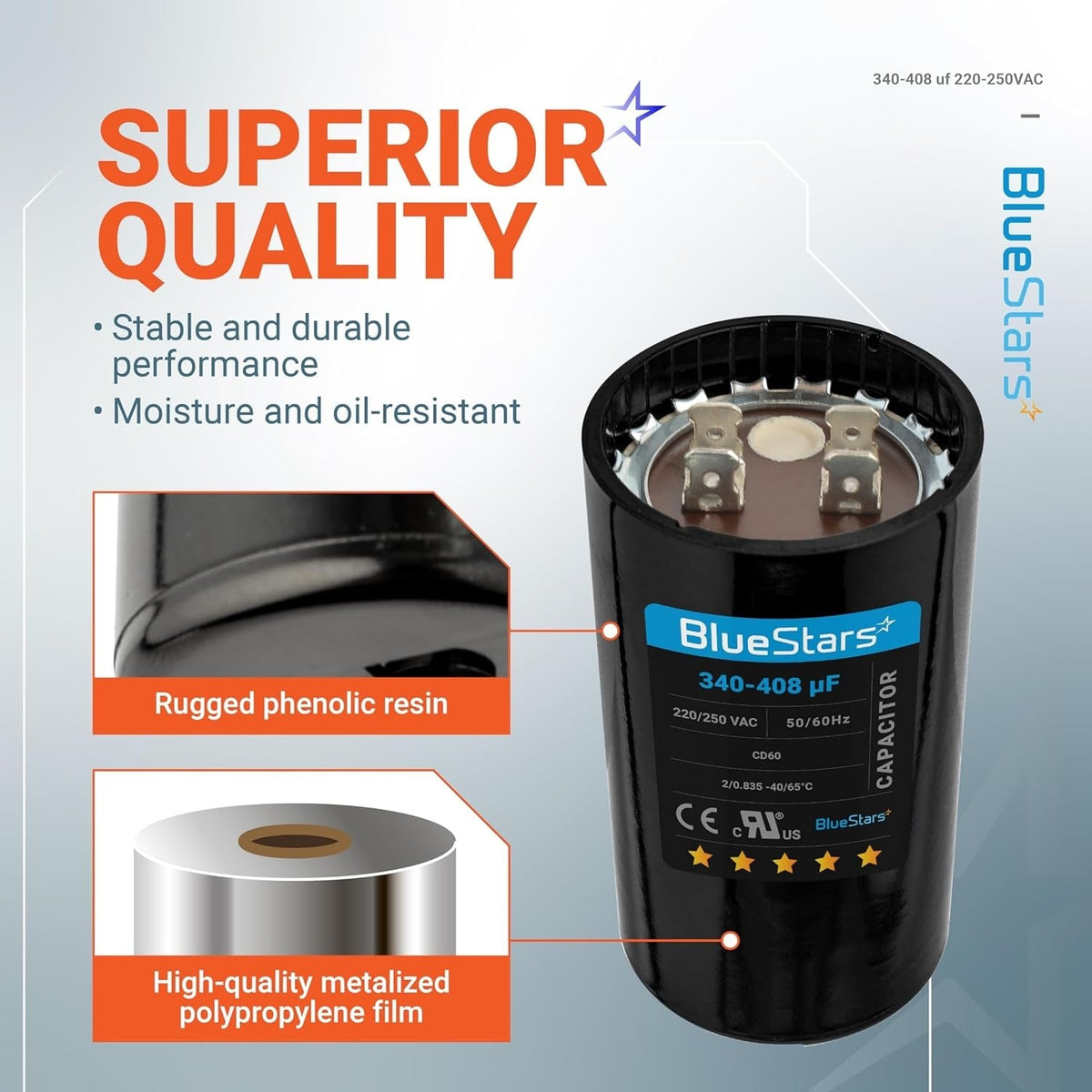 BlueStars 340-408 uF 220-250 VAC round start capacitor showing phenolic resin casing and internal film construction.