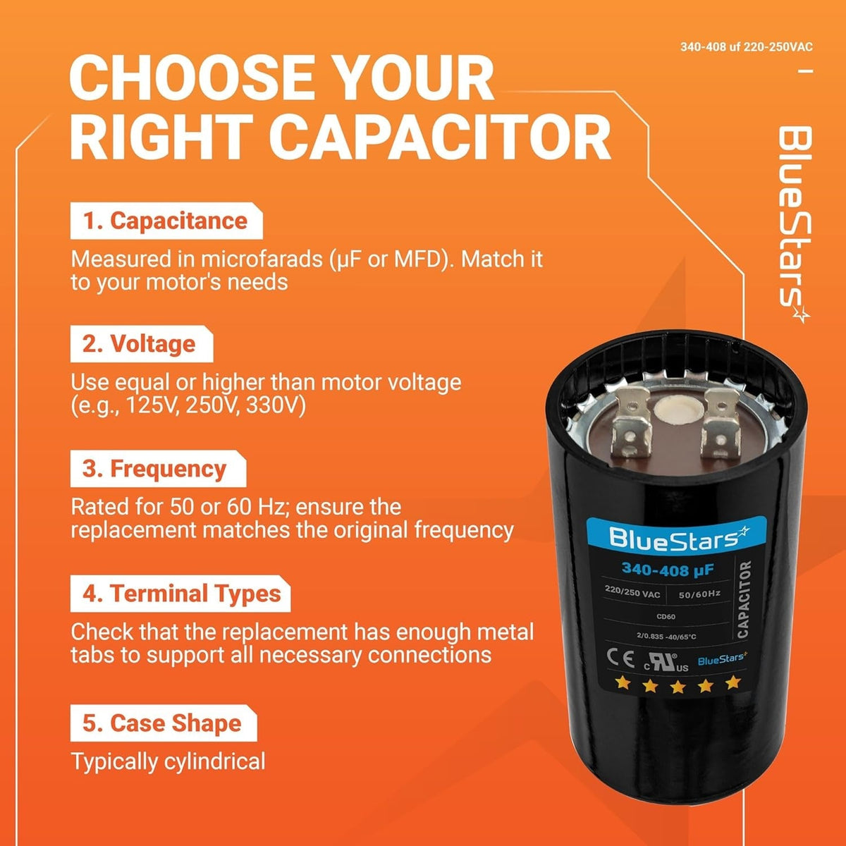 BlueStars round start capacitor selection guide with 340-408 uF 220-250 VAC specifications.