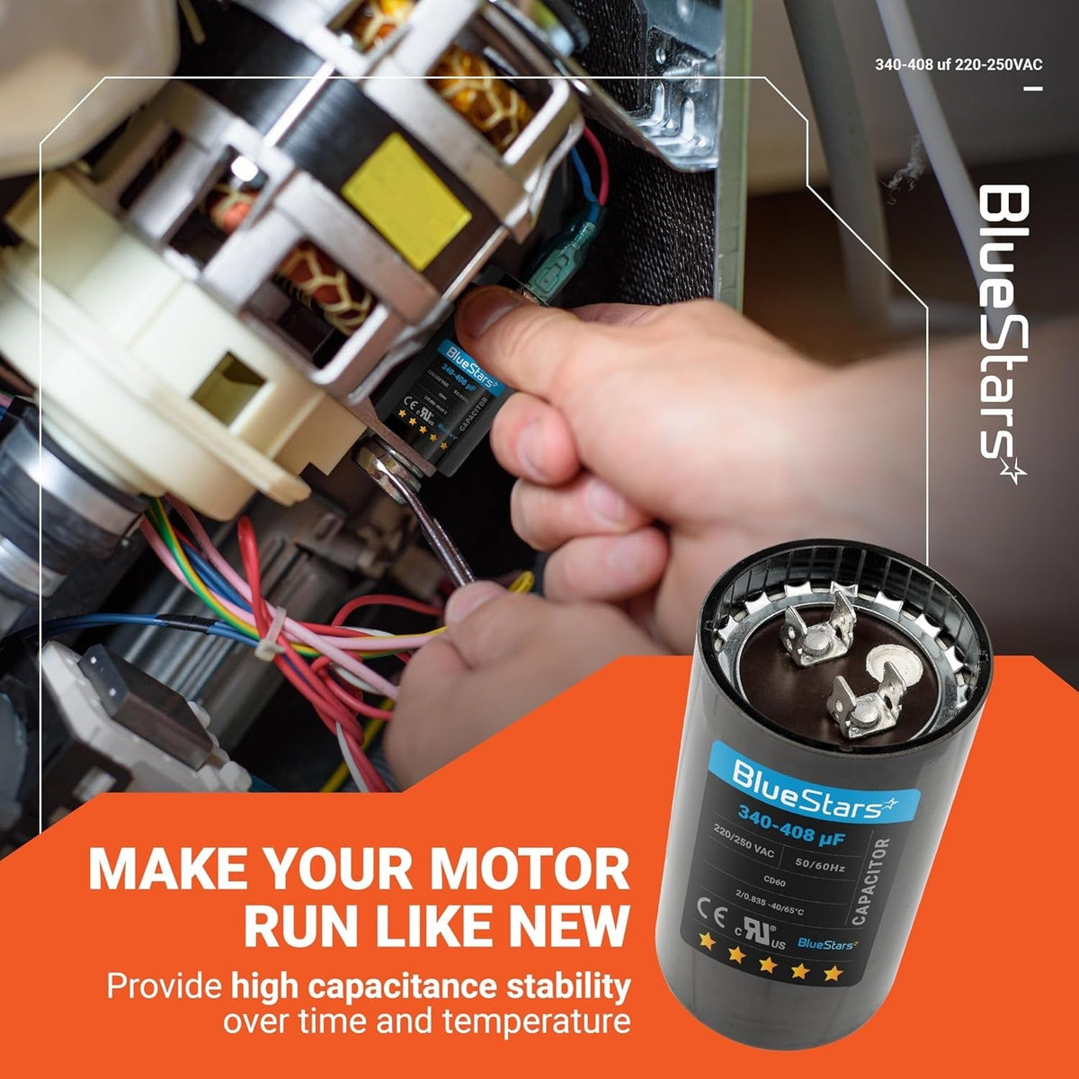 BlueStars 340-408 uF 220-250 VAC round start capacitor being installed in a motor.
