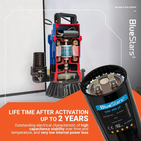 340-408 uF 220-250 VAC round start capacitor for single-phase motors shown with a cutaway view of a water pump.