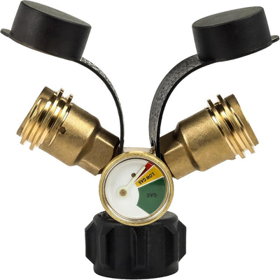 Propane tank Y-splitter adapter with integrated gas pressure gauge and two brass QCC outlets with protective caps.