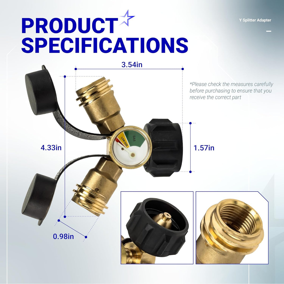 Propane tank Y splitter adapter with gauge and dimensions diagram showing QCC/POL fitting measurements.