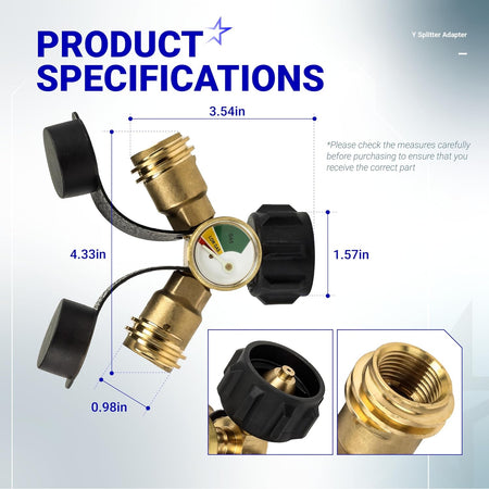 Propane tank Y splitter adapter with gauge and dimensions diagram showing QCC/POL fitting measurements.
