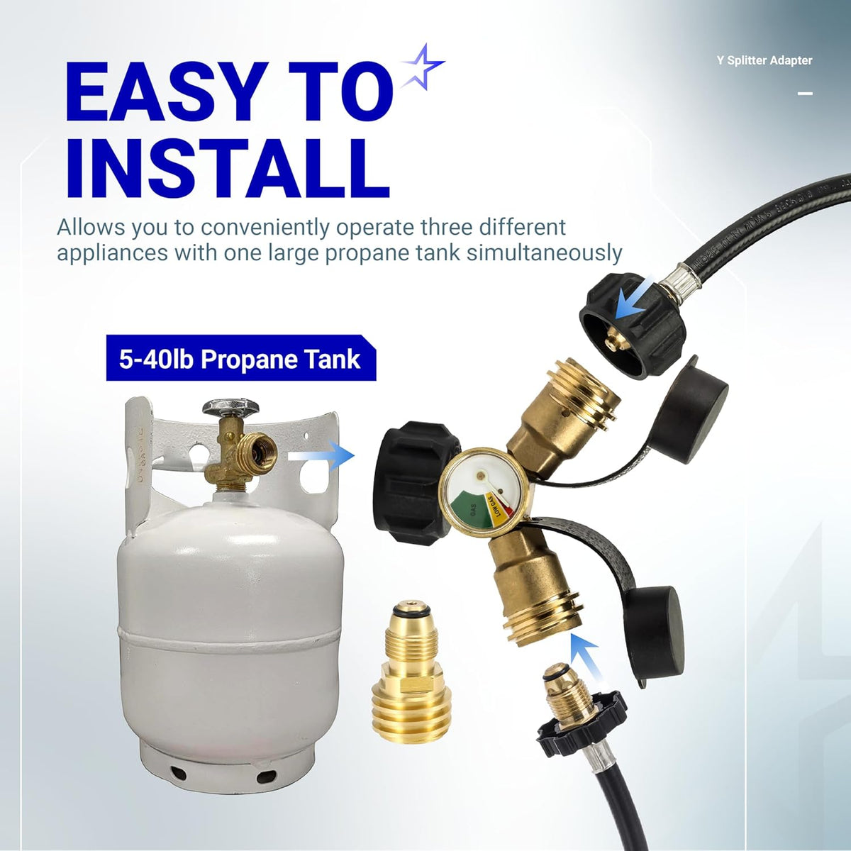 Propane tank Y splitter adapter with gauge showing installation on a 5-40lb propane tank for multiple appliances.