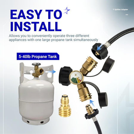 Propane tank Y splitter adapter with gauge showing installation on a 5-40lb propane tank for multiple appliances.