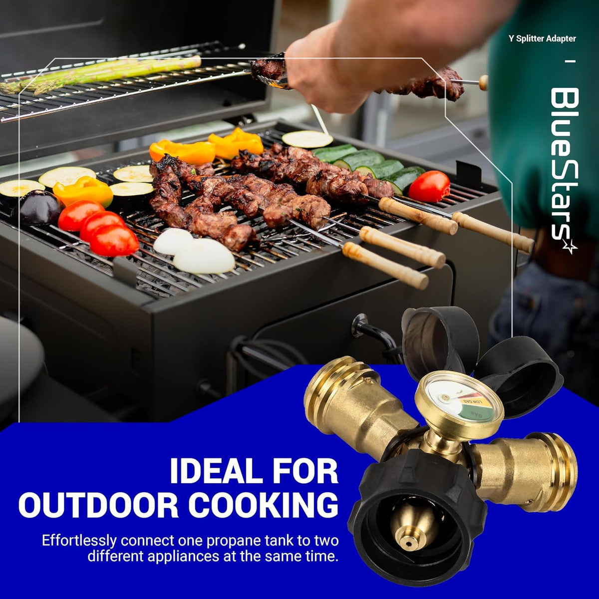 Propane tank Y splitter adapter with pressure gauge and shut-off valve for outdoor grilling appliances.