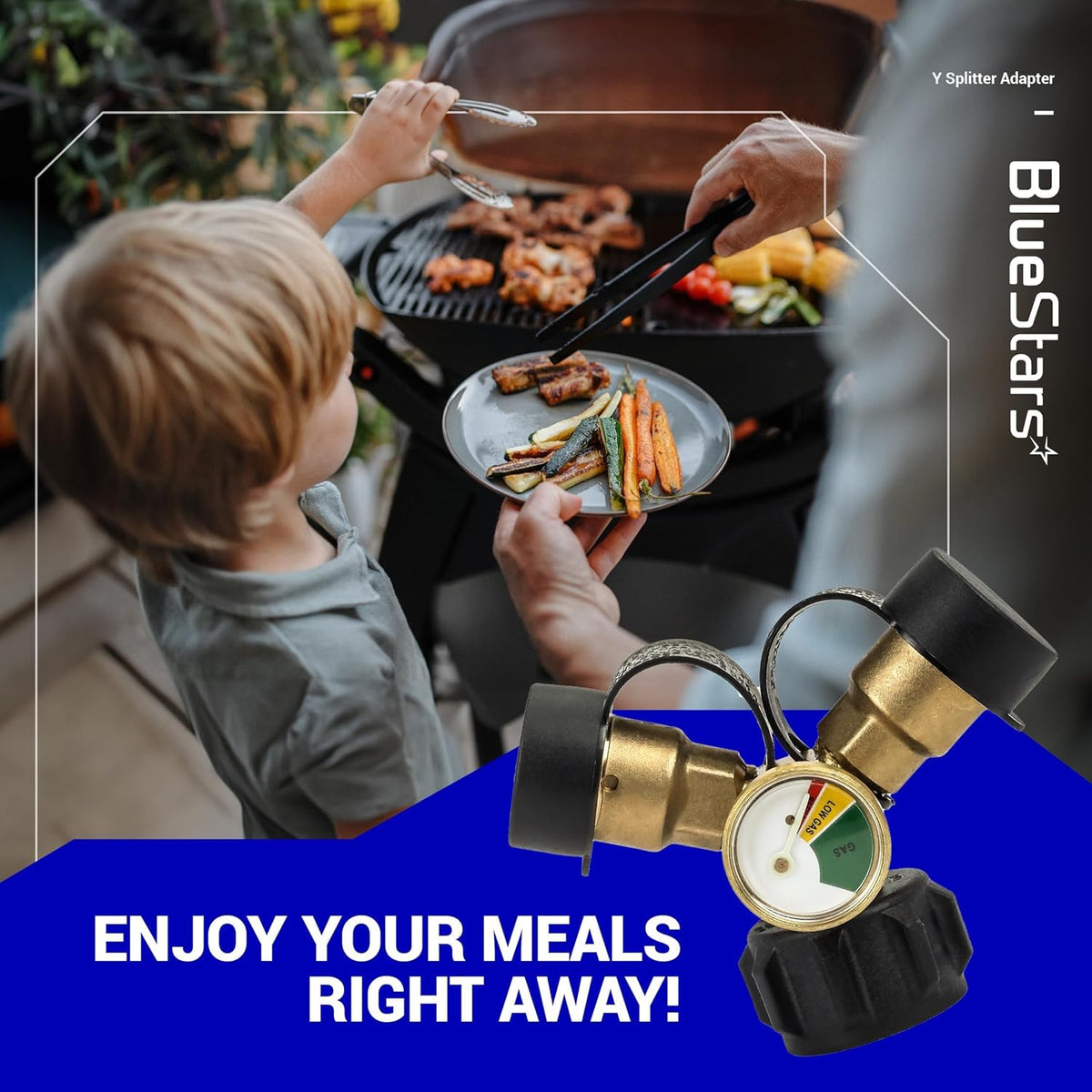 Propane tank Y splitter adapter with pressure gauge and shut-off valves for outdoor grilling.