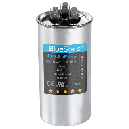 BlueStars 40+7.5 uF dual run round AC capacitor for condenser and heat pump units.