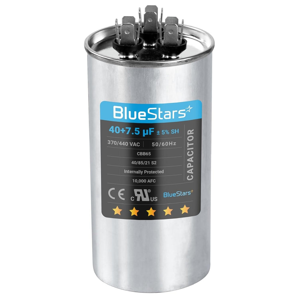 BlueStars 40+7.5 uF dual run round AC capacitor for condenser and heat pump units.