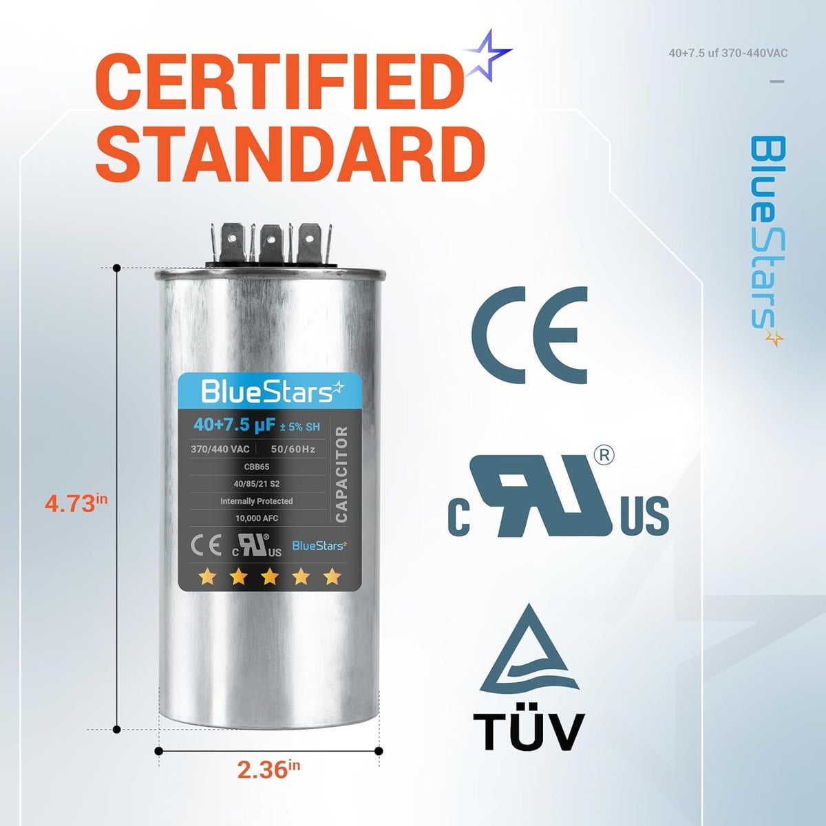 BlueStars 40+7.5 uF dual run round AC capacitor with dimensions and certification labels shown.