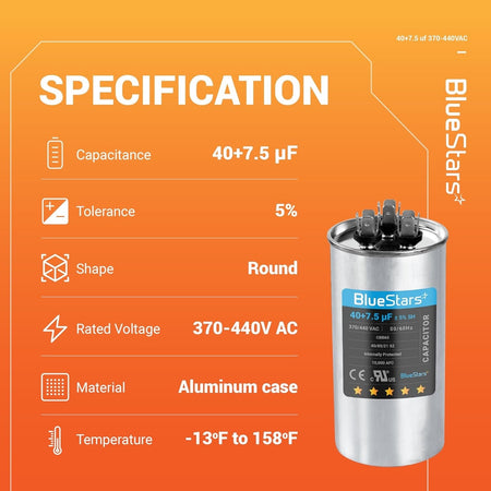 Technical specification chart for 40+7.5 uF 370/440 VAC dual run round AC capacitor with product image.