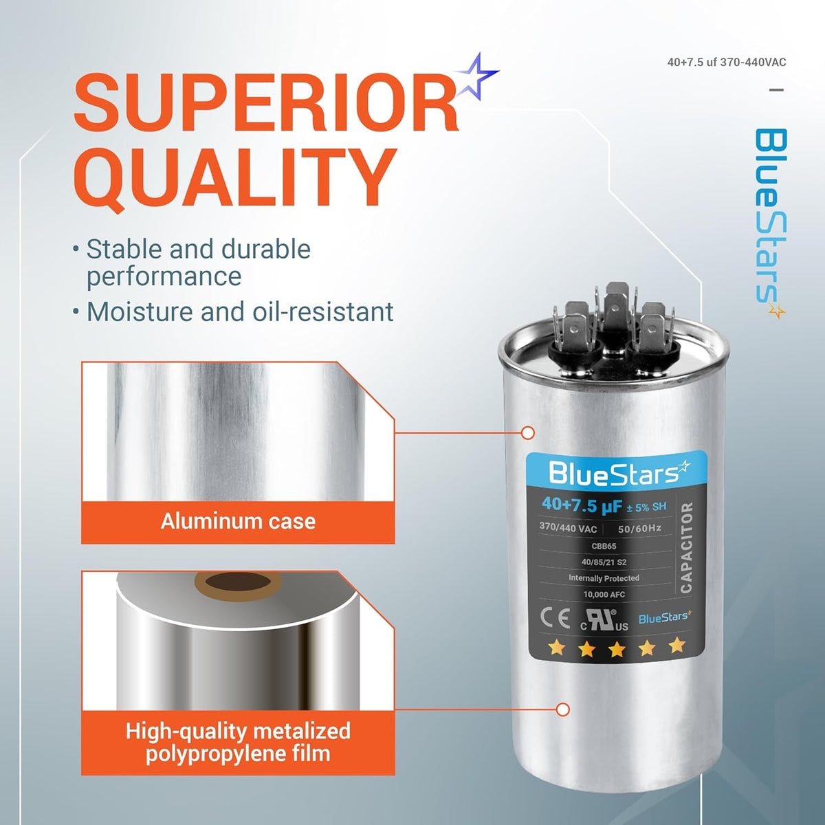 BlueStars 40+7.5 uF dual run round AC capacitor with aluminum case and metalized polypropylene film construction.