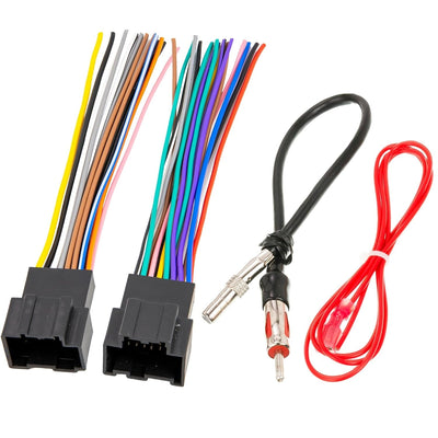 Car radio wiring harness connector kit with antenna adapter and red accessory wire for GM vehicles.