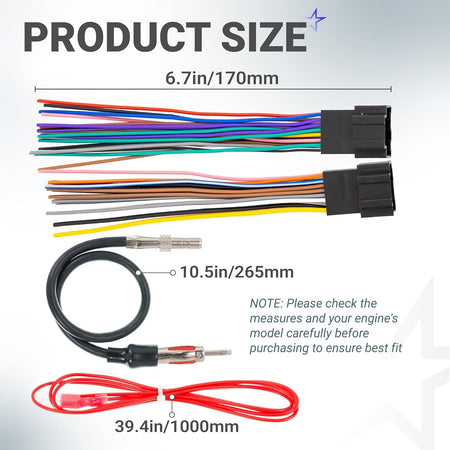 Car radio wiring harness connector and antenna adapter with length measurements for Chevrolet and GMC vehicles.
