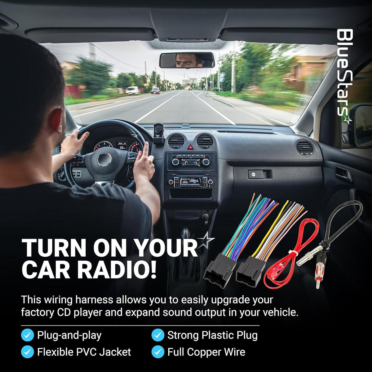 Car radio wiring harness connector for Chevrolet and GMC vehicles shown in an instructional lifestyle graphic.