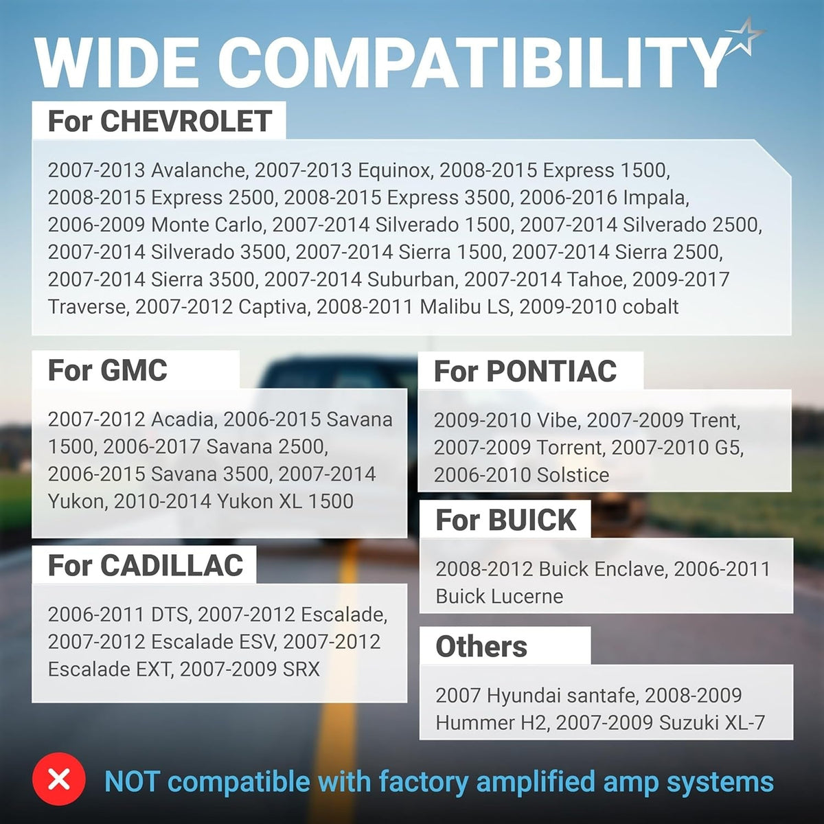 Compatibility chart for car radio wiring harness connector listing supported Chevrolet, GMC, and other vehicle models.