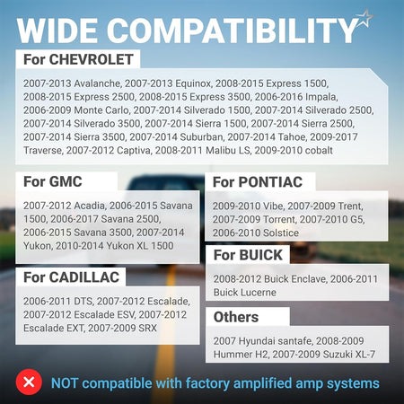 Compatibility chart for car radio wiring harness connector listing supported Chevrolet, GMC, and other vehicle models.