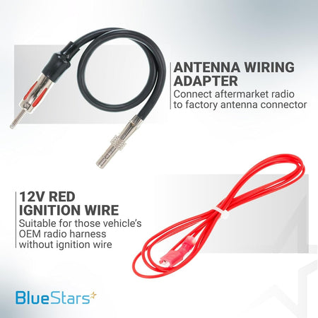 Car radio antenna wiring adapter and 12V red ignition wire for aftermarket radio installation.