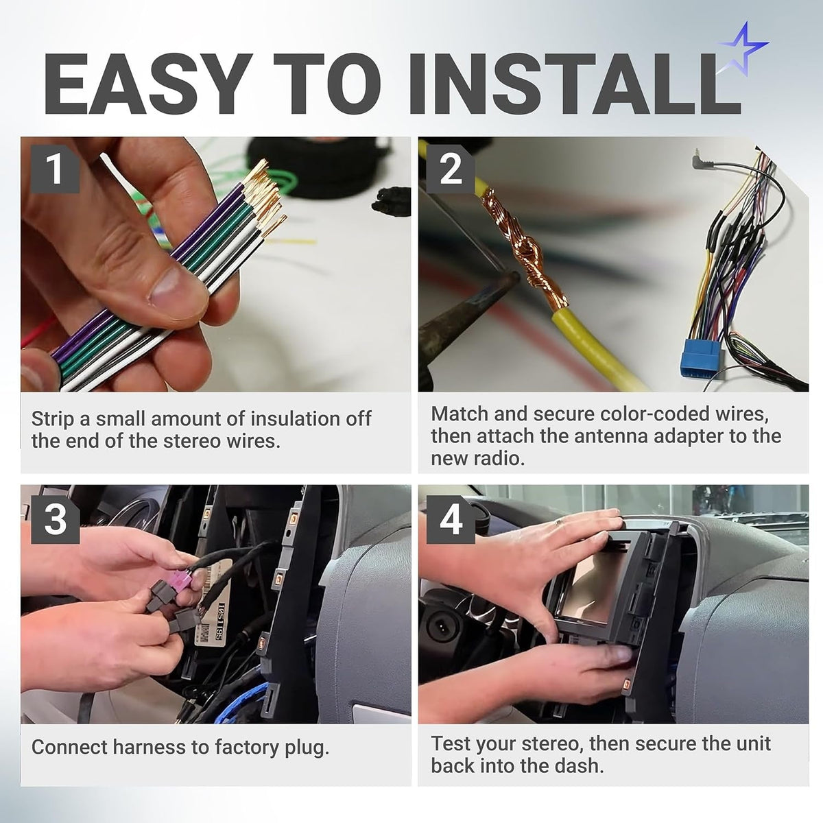 Four-step installation guide for car radio wiring harness connector in compatible GM vehicles.