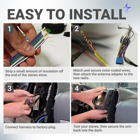 Four-step installation guide for car radio wiring harness connector in compatible GM vehicles.