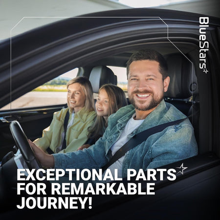 Happy family driving in a car with BlueStars branding for automotive replacement parts.