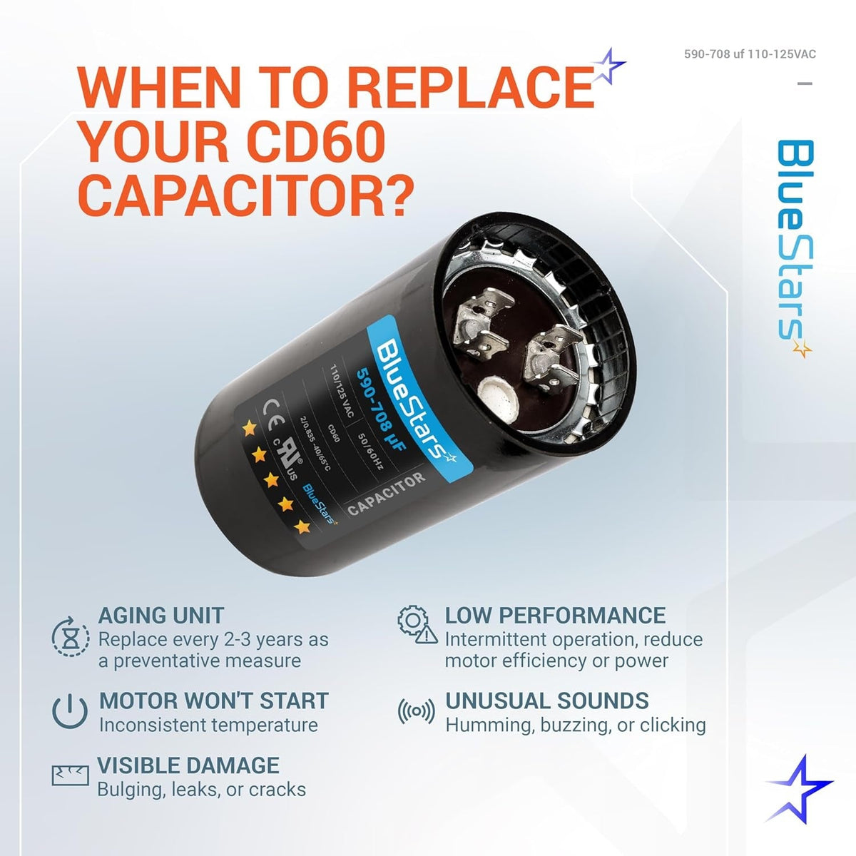 Infographic showing when to replace a 590-708 uF CD60 round motor start capacitor for pool and well pumps.