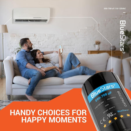 BlueStars 590-708 uF 110-125 VAC CD60 round motor start capacitor promotional graphic with couple in living room.