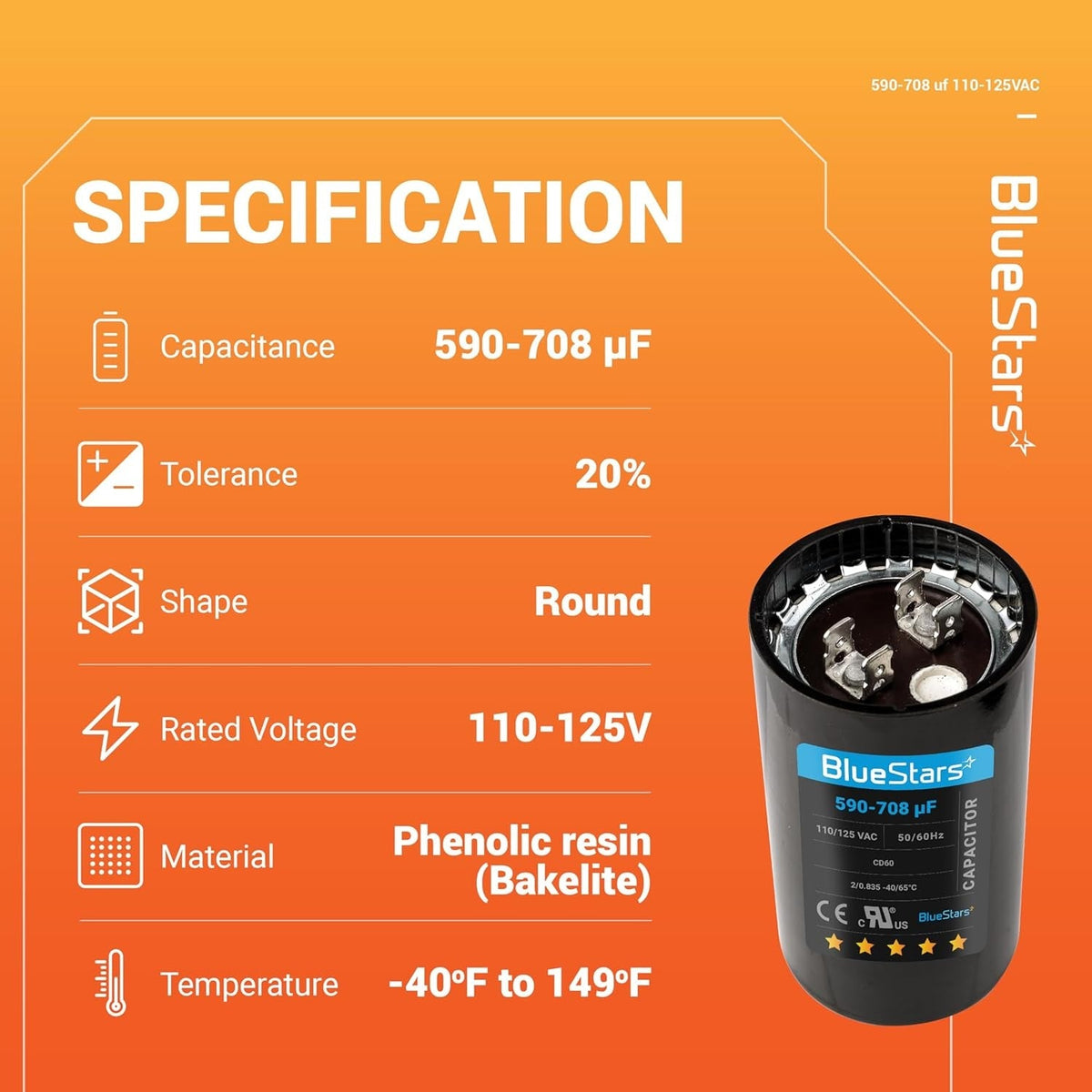 Specification chart for 590-708 uF 110-125 VAC round motor start capacitor with technical details.