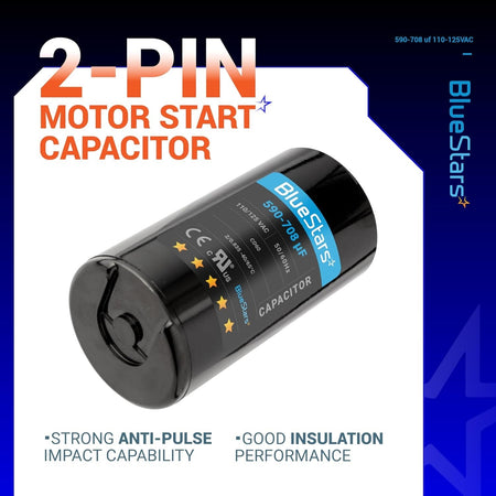 BlueStars 590-708 uF 110-125 VAC round motor start capacitor for pool and well pumps.