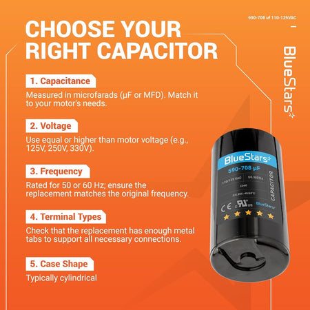 BlueStars 590-708 uF 110-125 VAC round motor start capacitor with instructional guide for pool and well pumps.